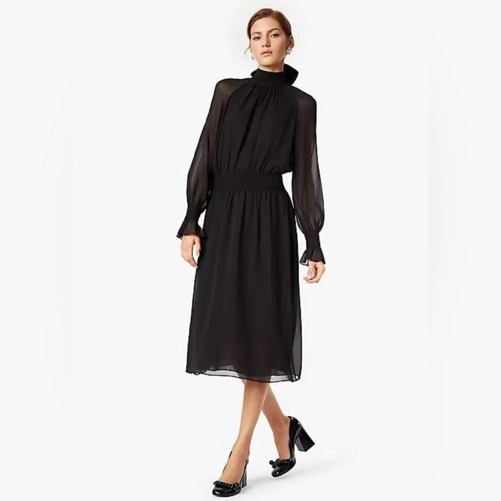 NWT Tory Burch Colette Black Silk Chiffon Sheer Long Sleeve Midi Dress